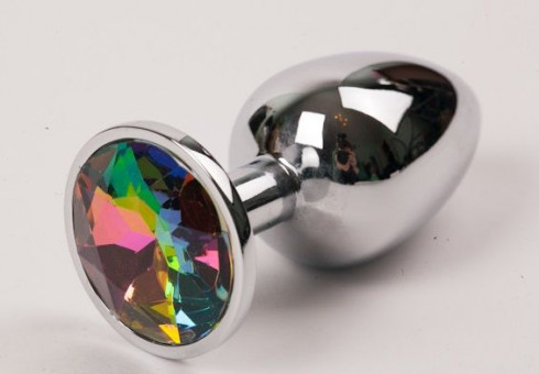 Серебряная металлическая анальная пробка с радужным стразиком - 9,5 см., 4sexdreaM