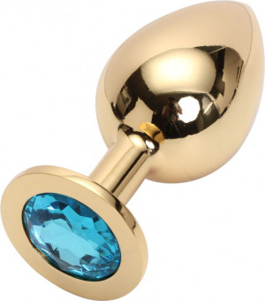 Золотистая анальная пробка GOLDEN PLUG Large с голубым кристаллом - 9,5 см., Anal Jewelry Plug