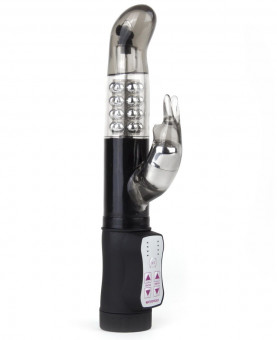 Чёрный перезаряжаемый вибратор Rabbit с клиторальным отростком - 22 см., Shots Media BV