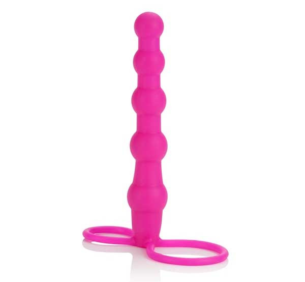 Розовая насадка для двойного проникновения Silicone Love Rider Beaded Dual Penetrator - 14,5 см., California Exotic Novelties