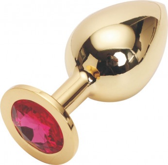 Золотая анальная пробка GOLDEN PLUG Large с малиновым кристаллом - 9,5 см., Anal Jewelry Plug