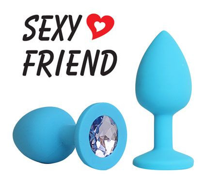 Голубая конусовидная анальная пробка с сиреневым кристаллом - 7,3 см., Bior toys