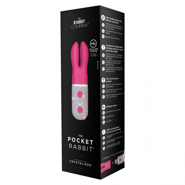 Розовый вибратор с ушками The Pocket Rabbit, украшенный кристаллами, The Rabbit Company