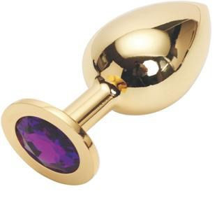 Золотистая анальная пробка GOLDEN PLUG Large с фиолетовым кристаллом - 9,5 см., Anal Jewelry Plug