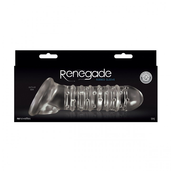 Прозрачная насадка на пенис с точками, рёбрами и подхватом мошонки Renegade Ribbed Sleeve, NS Novelties