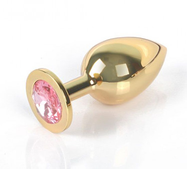Золотистая анальная пробка GOLDEN PLUG Large с розовым кристаллом - 9,5 см., Anal Jewelry Plug