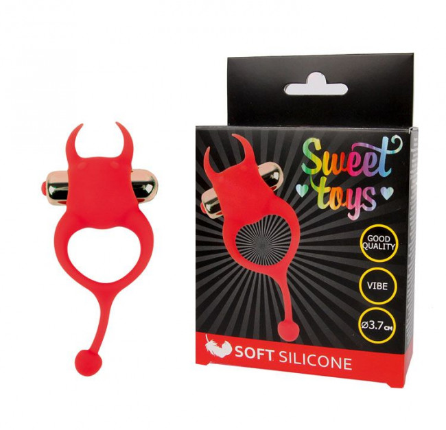 Красное эрекционное виброкольцо с рожками и хвостиком, Bior toys