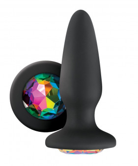 Черная силиконовая анальная пробка с радужным кристаллом Rainbow Gem - 10,4 см., NS Novelties