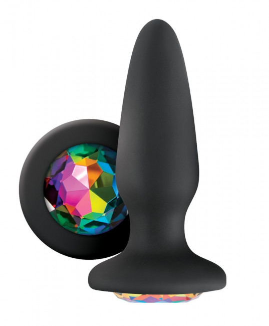 Черная силиконовая анальная пробка с радужным кристаллом Rainbow Gem - 10,4 см., NS Novelties