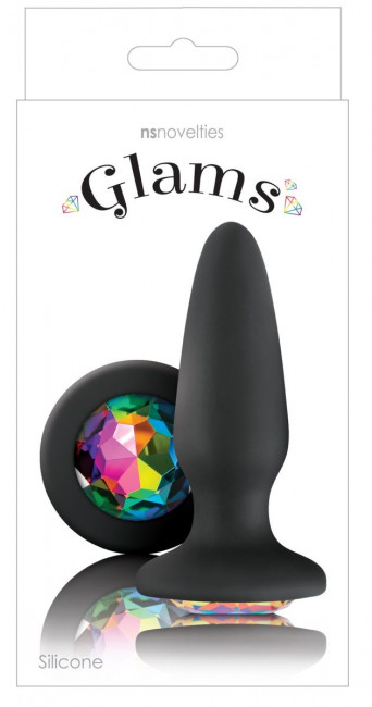 Черная силиконовая анальная пробка с радужным кристаллом Rainbow Gem - 10,4 см., NS Novelties