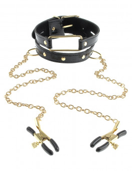 Чёрный с золотом ошейник с зажимами на соски Gold Collar and Nipple Clamps, Pipedream