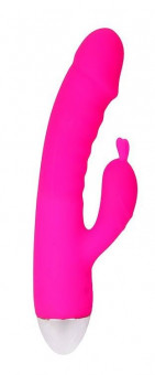 Розовый силиконовый вибромассажер с отростком для стимуляции клитора - 22 см., Erokay