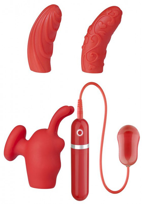 Красная вибропуля с 3 мягкими насадками NEON SWEET PASSION 10FUNC. VIBRATOR KIT, Dream Toys