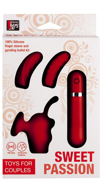 Красная вибропуля с 3 мягкими насадками NEON SWEET PASSION 10FUNC. VIBRATOR KIT, Dream Toys