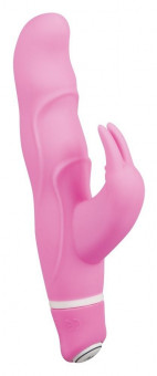 Розовый вибратор Smile Bunny с клиторальным зайчиком - 15 см., Orion