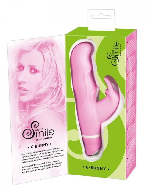 Розовый вибратор Smile Bunny с клиторальным зайчиком - 15 см., Orion