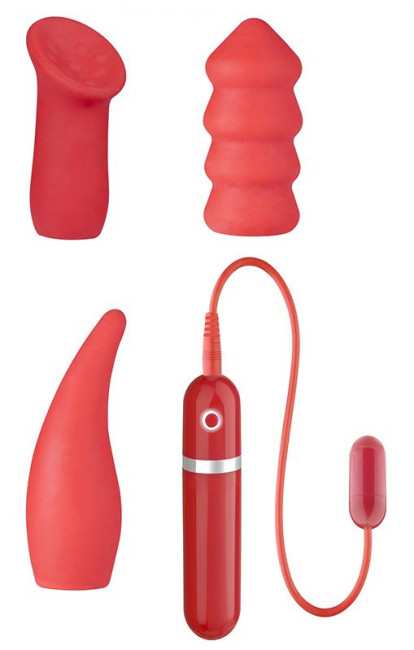 Маленькая вибропуля с 3 красными насадками NEON SECRET DESIRES 10FUNC. VIBRATOR KIT, Dream Toys