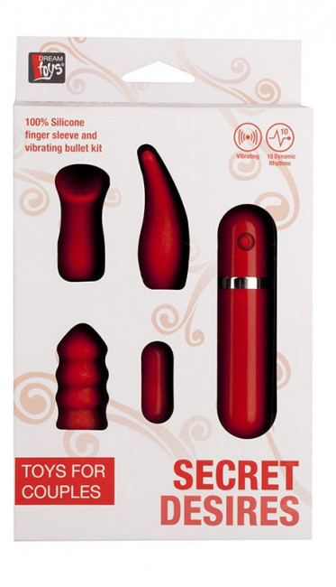 Маленькая вибропуля с 3 красными насадками NEON SECRET DESIRES 10FUNC. VIBRATOR KIT, Dream Toys