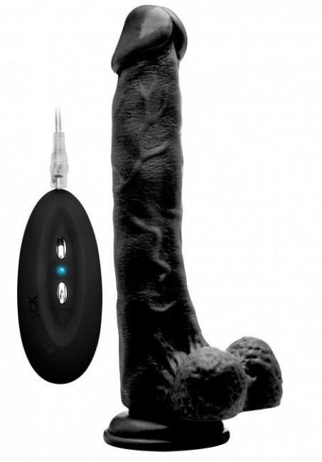 Чёрный вибратор-реалистик Vibrating Realistic Cock 10" With Scrotum - 27 см., Shots Media BV