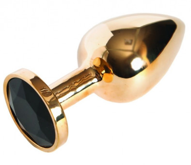 Золотистая анальная пробка с чёрным кристаллом размера M - 8 см., Vandersex