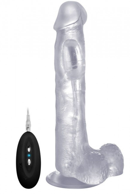 Прозрачный вибратор-реалистик Vibrating Realistic Cock 10" With Scrotum - 27 см., Shots Media BV