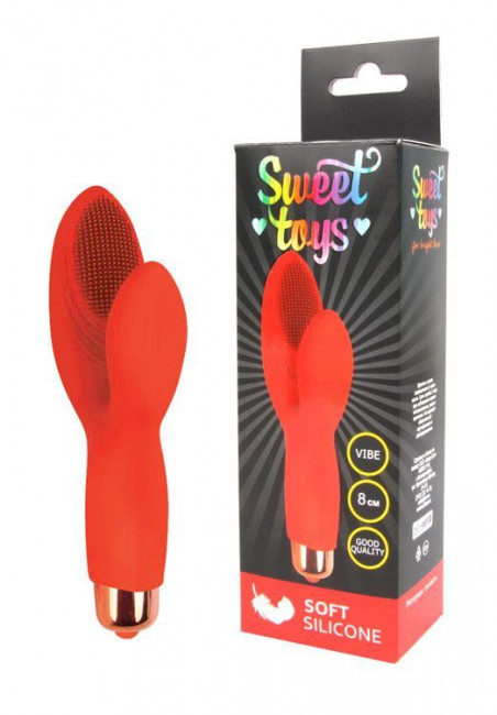 Красный силиконовый вибромассажер с округлым клиторальным отростком, Bior toys