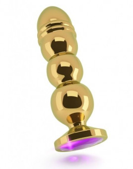 Золотистая фигурная анальная пробка R10 RICH Gold/Purple с фиолетовым кристаллом - 14,5 см., Shots Media BV