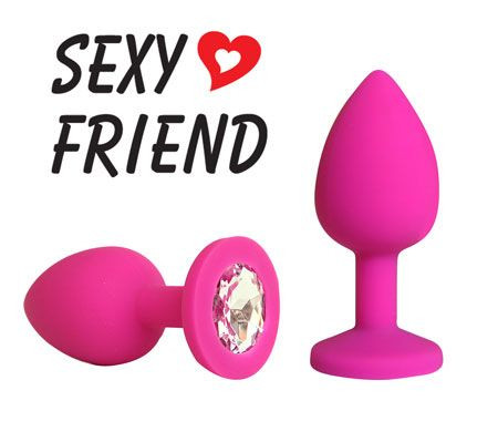 Розовая конусовидная анальная пробка с прозрачным кристаллом - 7,3 см., Bior toys