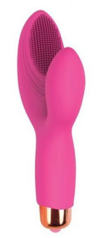 Розовый силиконовый вибромассажер с округлым клиторальным отростком, Bior toys