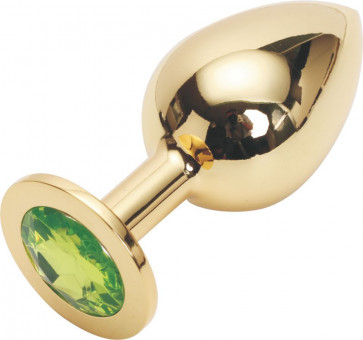 Золотистая анальная пробка GOLDEN PLUG Large с светло-зелёным кристаллом - 9,5 см., Anal Jewelry Plug