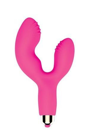 Розовый силиконовый вибромассажер с клиторальным стимулятором, Bior toys