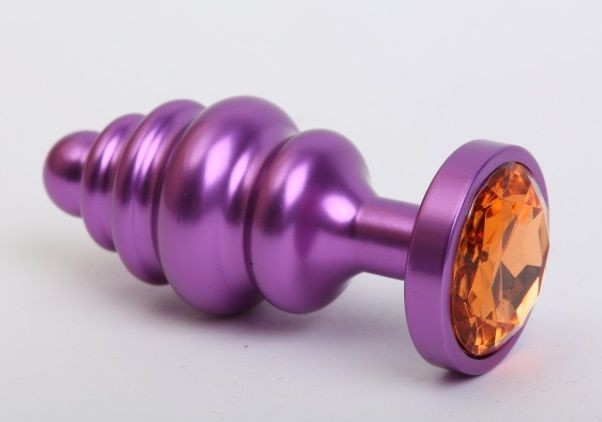 Фиолетовая ребристая анальная пробка с жёлтым кристаллом - 7,3 см., 4sexdreaM
