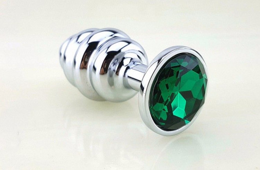 Серебристая рифлёная пробка с зеленым кристаллом - 9 см., 4sexdreaM