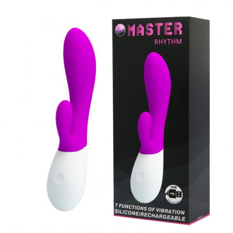 Лиловый перезаряжаемый вибратор с клиторальным отростком Master Rhythm - 20 см., Baile
