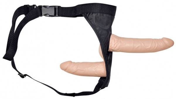 Телесный страпон с вагинальной пробкой Double Dong Strap-On - 19 см., Orion