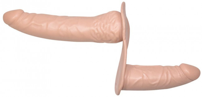 Телесный страпон с вагинальной пробкой Double Dong Strap-On - 19 см., Orion