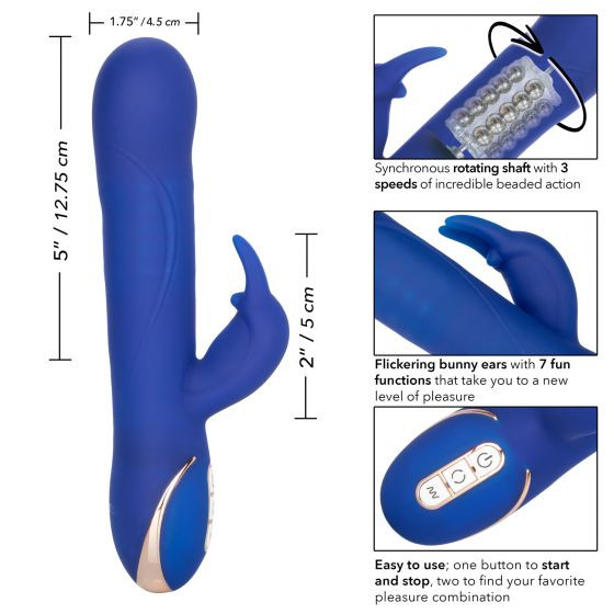 Синий вибратор Signature Silicone Rotating Beaded Rabbit с клиторальным отростком - 22,75 см., California Exotic Novelties