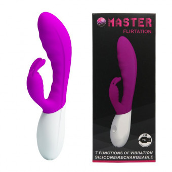 Лиловый перезаряжаемый вибратор с клиторальным зайчиком Master Flirtation - 20 см., Baile