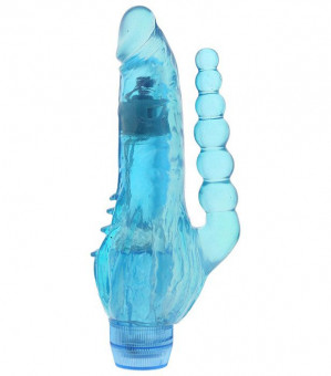 Голубой вибратор с анальным хвостом и шипами JELLY JOY CRYSTAL COX - 19 см., Dream Toys