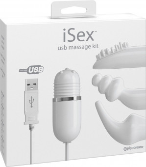 Белый вибромассажер с набором насадок USB MASSAGE KIT на проводе USB, Pipedream