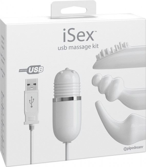 Белый вибромассажер с набором насадок USB MASSAGE KIT на проводе USB, Pipedream Белый вибромассажер с набором насадок USB MASSAGE KIT на проводе USB, Pipedream