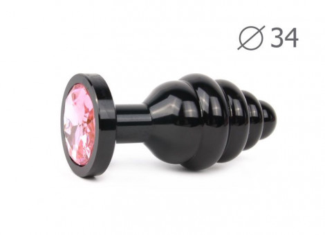 Коническая ребристая черная анальная втулка с розовым кристаллом - 8 см., Anal Jewelry Plug