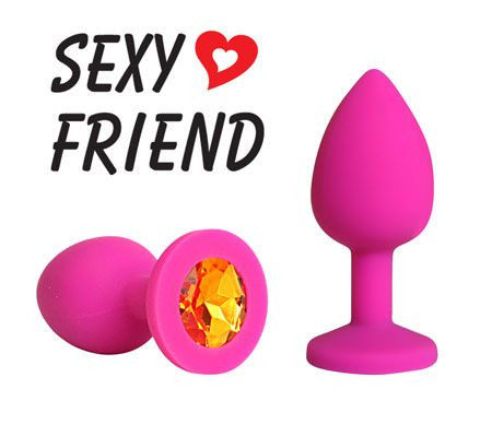 Розовая конусовидная анальная пробка с оранжевым кристаллом - 7,3 см., Bior toys