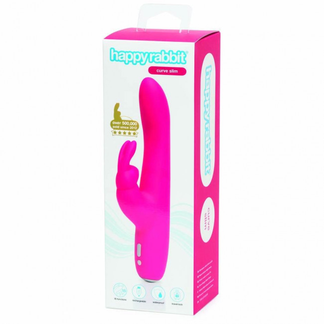 Розовый перезаряжаемый вибратор Rabbit Slimline Curve Rechargeable - 24 см., Happy Rabbit