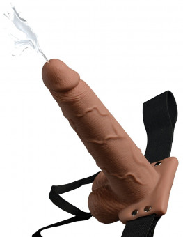 Кофейный полый страпон с имитацией эякуляции 7.5" Hollow Squirting Strap-On with Balls - 21,6 см.
