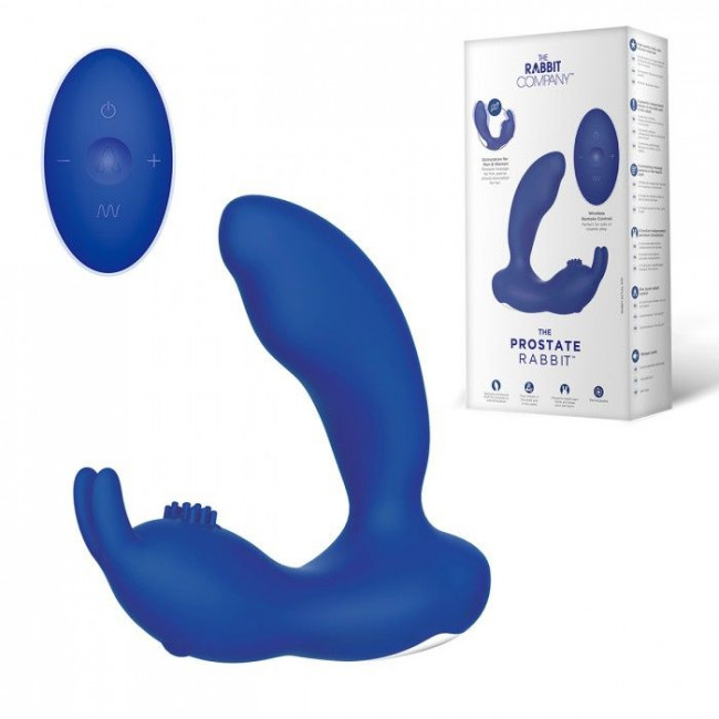 Синий массажёр простаты Prostate Rabbit с вибрацией и пультом ДУ, The Rabbit Company