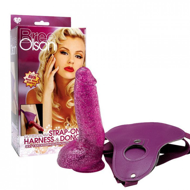 Гламурный страпон с блёстками Bree Olson Glitter Glam Strap-On Harness & Dong - 16 см., Topco Sales