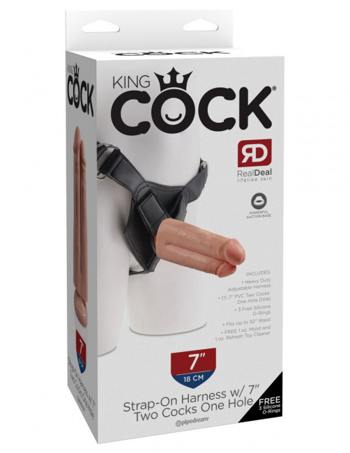 Телесный сдвоенный поясной страпон Strap-On Harness with 7" Two Cocks One Hole - 19,1 см., Pipedream