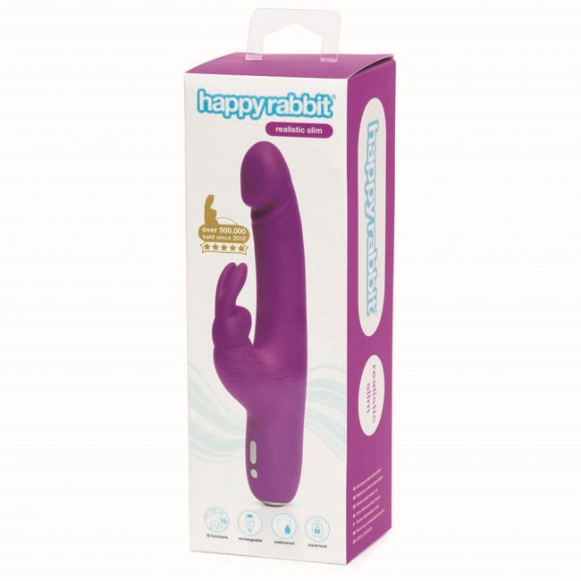 Фиолетовый перезаряжаемый вибратор Rabbit Slimline Curve Rechargeable - 24 см., Happy Rabbit