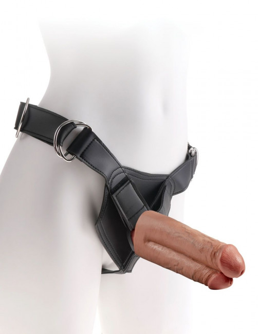 Кофейный сдвоенный поясной страпон Strap-On Harness with 7" Two Cocks One Hole - 19,1 см., Pipedream